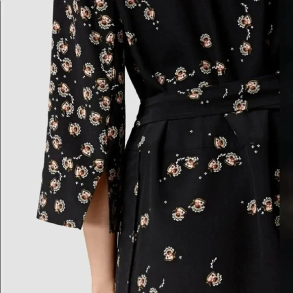 ALL SAINTS US 4 Alva Fraise Kimono Dress 100% Silk Black Yellow Red Floral Print - Picture 7 of 8